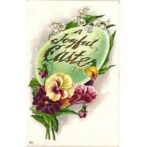 Antique Easter‎ Postcard Chick Cracked Egg Pansies Embossed Goldie No 75